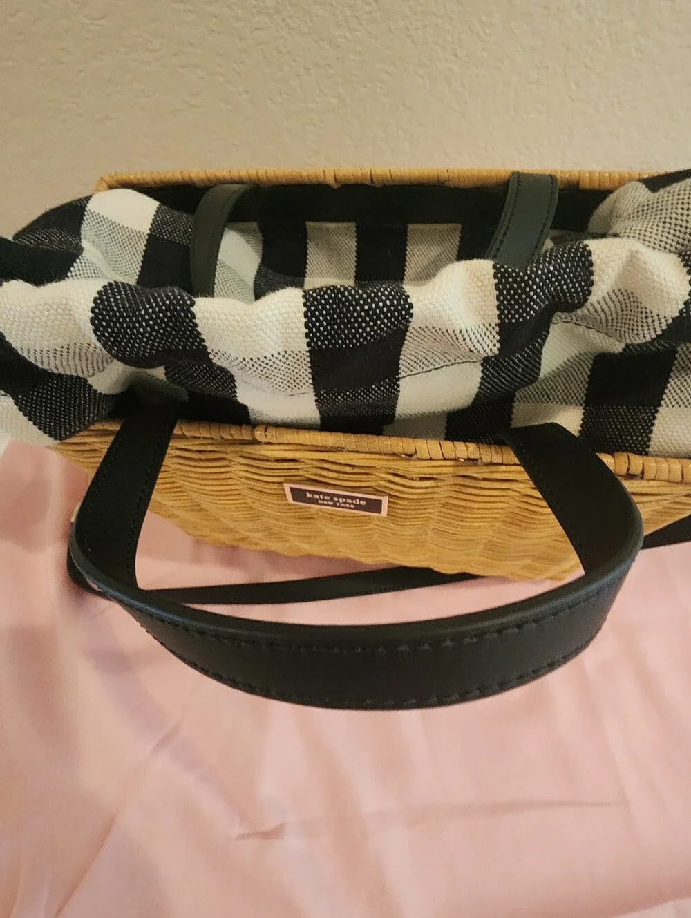 RARE Kate Spade Sam Gingham Wicker Medium Satchel Basket Bag W/ Dust Bag